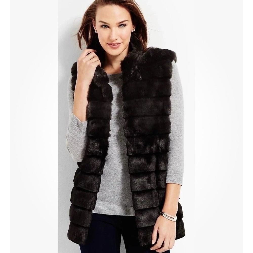 Talbots Women's Size L Black Ribbed Faux Fur Vest Jacket Gift Quality Mob Wife